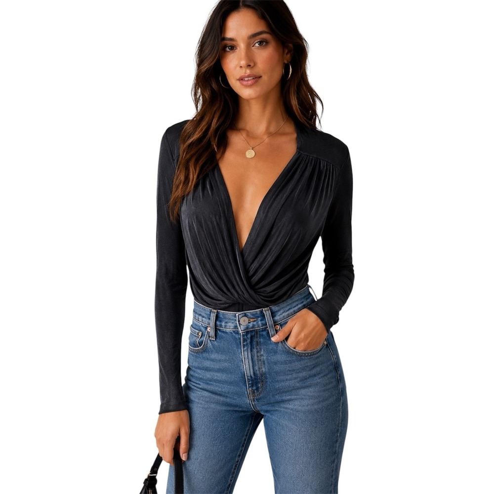 Free People Intimately Black Slinky Bodysuit Blouse Draped Deep V. Sz M. NWOT